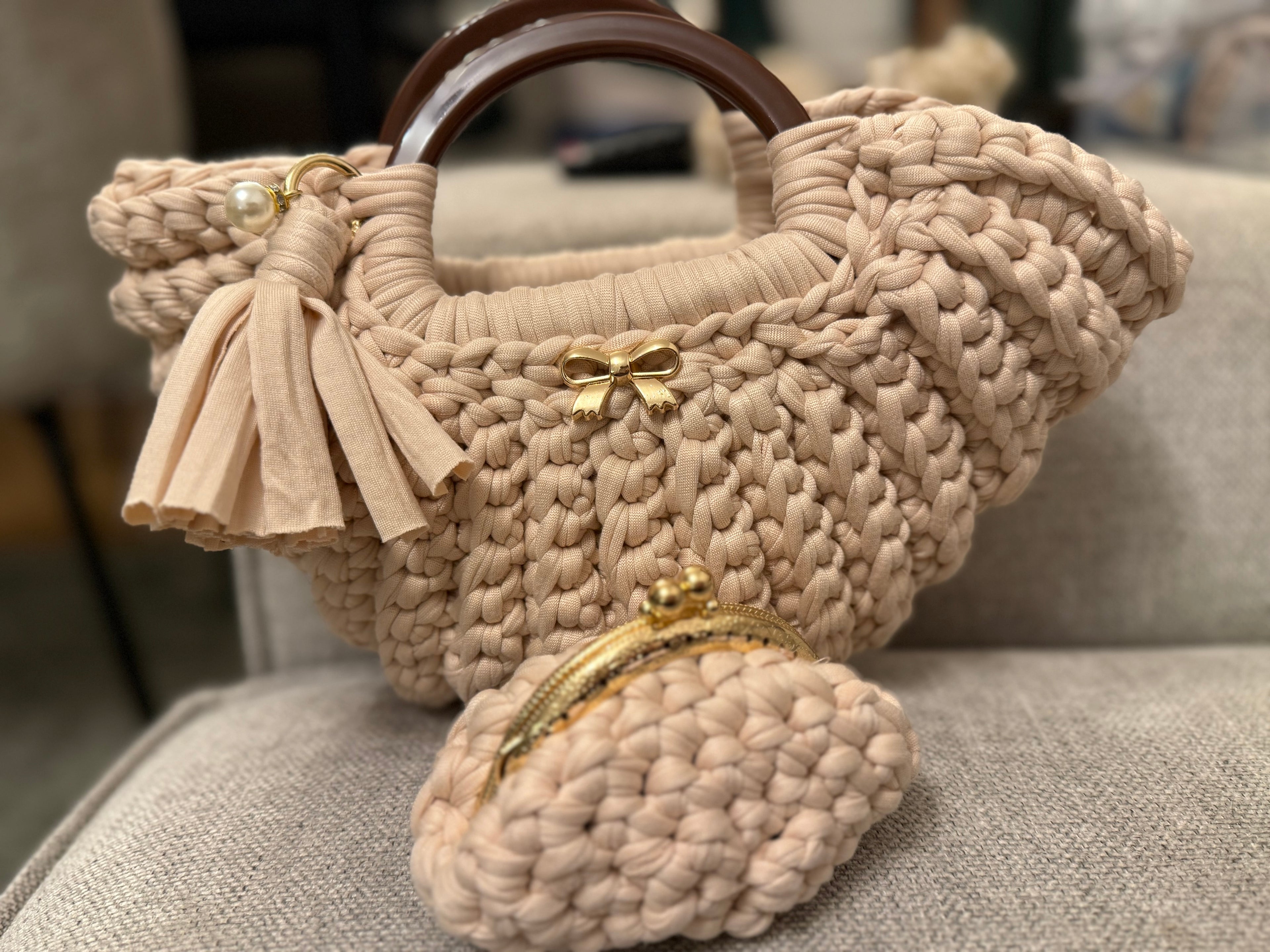 MiniBag in Braun*Creme + Geldbörse Set