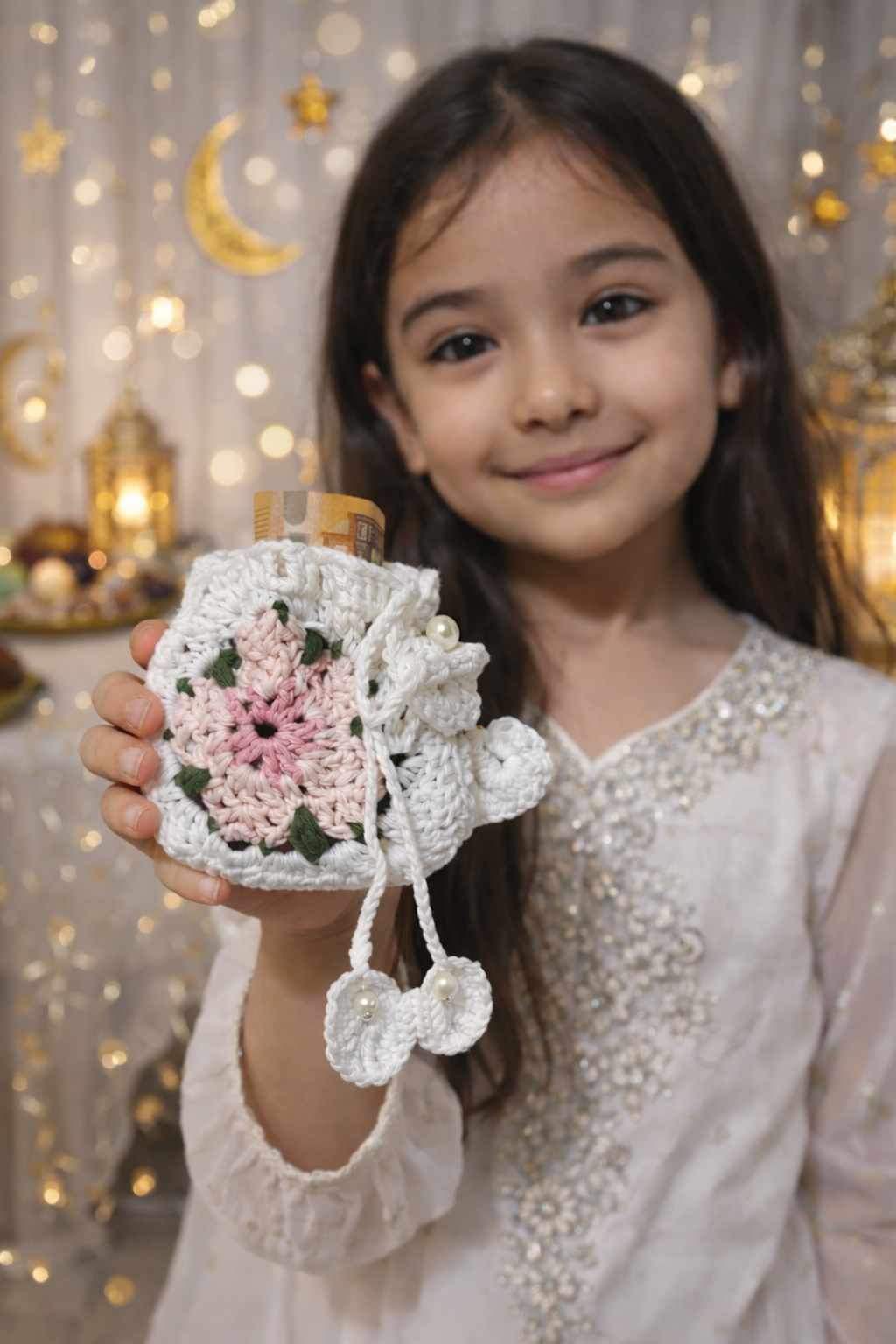 Gehäkeltes Geldsäckchen mit Blume & Perlen | Eid Gift