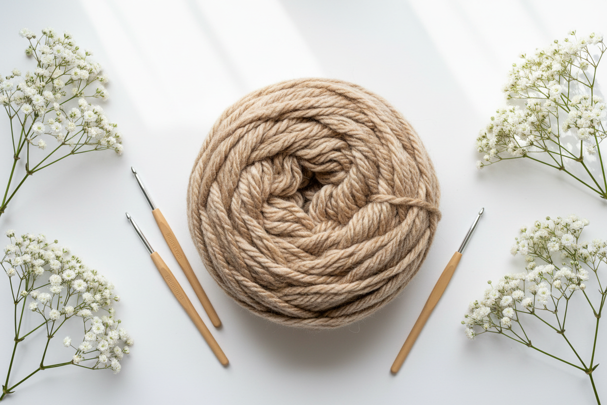 beige wolle auf weissem untergrund mit schleierkraut an der seite und beigen häkelnadeln